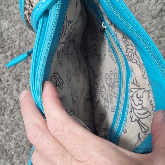 Faux leather and camouflage canvas studded rhinestone crossbody bag - teal/green - Picture 5 of 12